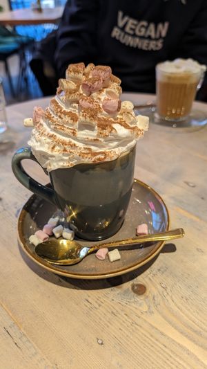 Hot chocolate with cream and marshmallows at The Vibe in Liverpool