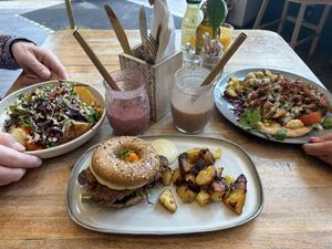 From left to right - Spud bowl, brekkie sandwich, mushroom gyros   at The Vibe in Liverpool