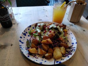 Shroom gyros and ginger shot at The Vibe in Liverpool