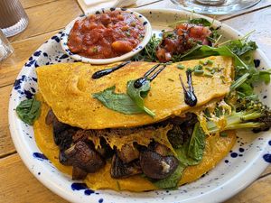 Mushroom, broccoli & cheese omelette with homemade baked beans. Delicious! at The Vibe in Liverpool