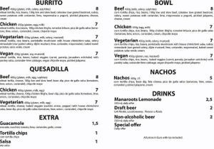 Menu at Burrito Fellas in Bratislava