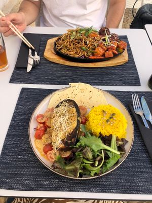 Aubergine pistacchio dish with basmati rice and vegan sizzler  at The Seasonal in Lagos
