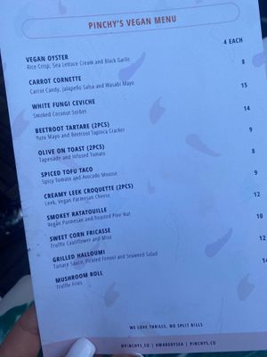 Full separate vegan menu  at Pinchy's in Melbourne