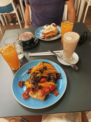 Vegan toast and an iced soya chai latte on the first day. The second time we went we had the chutney for the toast as well and it tasted a bit better! at Chelsea Coffee & Brunch in Faro