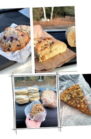 vegan blueberry scones, focaccia bread, english muffins, oatmeal chocolate chip cookies and peach bars! 🌱  #Veganuary at Sweet and Savory Bakehouse in Standish