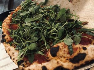 Marinara pie with arugula and mushrooms at Fiorella in San Francisco