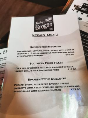 Vegan Menu at Kirbys Brogue Inn in Tralee
