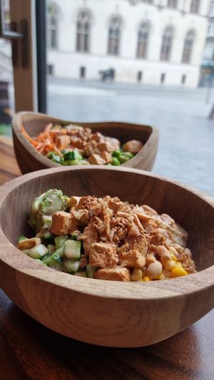 With view at the city hall at Hawaiian Poke Bowl in Kortrijk