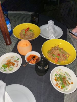 Pomelo salad, papaya salad, coconut soup at Adam and Eve in Mahe