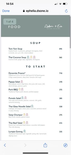 Dinner menu at Adam and Eve in Mahe