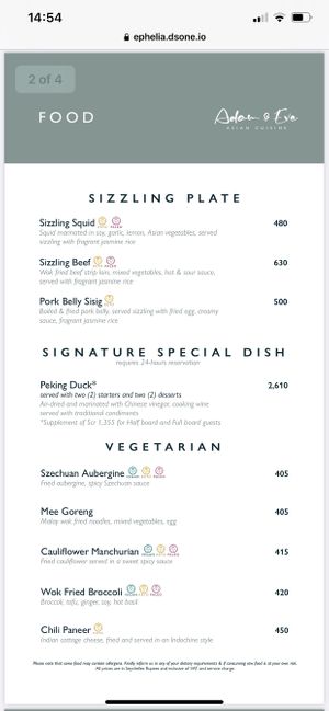 Dinner menu at Adam and Eve in Mahe