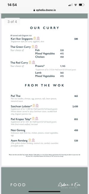 Dinner menu at Adam and Eve in Mahe