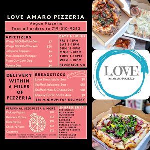 Pizza menu at Love Amaro Pizzeria in Venice