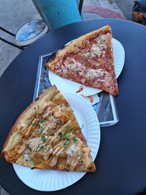 Slices: Vegan Mac n cheese ; Big NY cheese. at Love Amaro Pizzeria in Venice