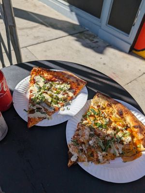 Jalapeno, pepperoni, ranch on the left. Buffalo, ranch Mac on the right. at Love Amaro Pizzeria in Venice