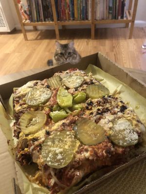 California deep dish pizza - cheese burger flavor. SO GOOD!!!🌱💓✨  at Love Amaro Pizzeria in Venice