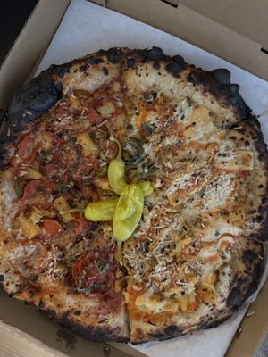 Half hot honey and half Mac n cheesee  at Love Amaro Pizzeria in Venice