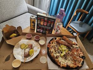 Wings, corn dog, poppers, pizza 🤤 at Love Amaro Pizzeria in Venice