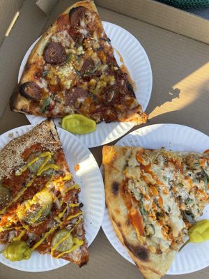 Cheeseburger pizza on bottom, hot honey & pineapple on top  at Love Amaro Pizzeria in Venice