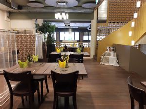 Upstairs seating at Enzian Vegan Food in Zurich