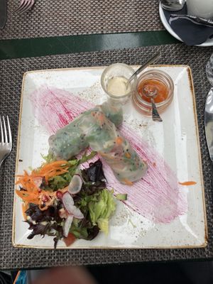 2 Summerrolls with sweetsour sauce and thaini dressing   at Enzian Vegan Food in Zurich