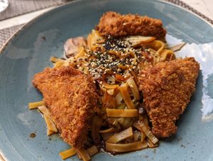 Crispy tofu and noodles at Enzian Vegan Food in Zurich