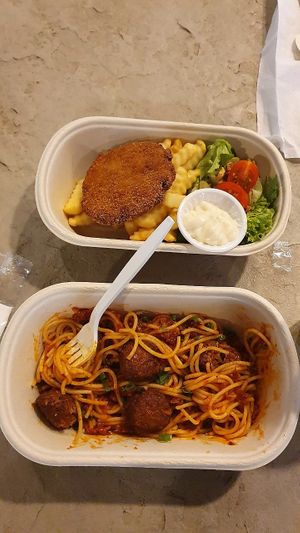 NoChicken Schnitzel and NoMeat Meatball Mala Pasta at The Social Kitchen - Jurong Bird Park in West Singapore