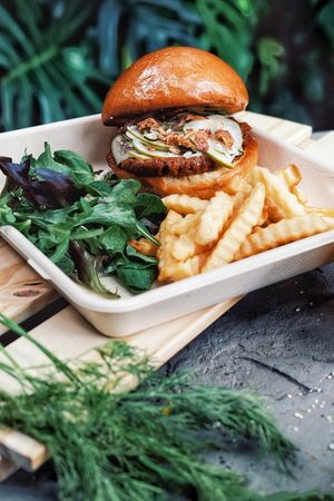 Burger with Crispy Onion served with Fries and Salad at The Social Kitchen - Jurong Bird Park in West Singapore