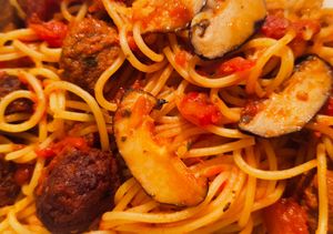 NoMeatball and mushroom pasta at The Social Kitchen - Jurong Bird Park in West Singapore