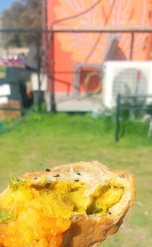 Samosa with chutneys (truck in background) at SalamTruck - Food Truck in Haifa