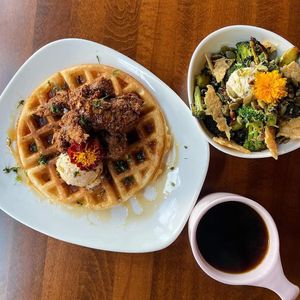 Vegan chickn and waffles at Landlocked Baking Company in Indianapolis