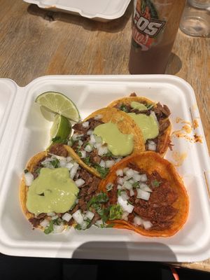 3 carne asada tacos and birria queso taco  at Tacos Veganos in Phoenix