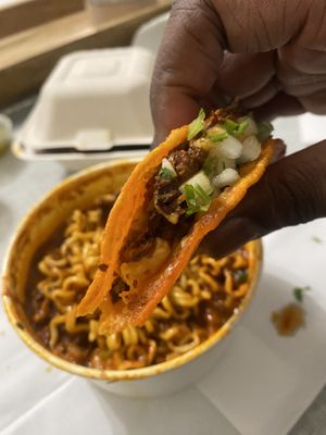 Birria tacos and ramen  at Tacos Veganos in Phoenix
