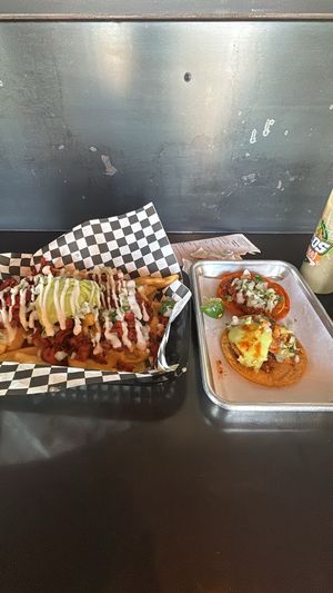 Al pastor fries, pollo and birria taco   at Tacos Veganos in Phoenix