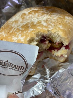 Vegan Christmas bap, with vegan sausages, stuffing and cranberry sauce. Made fresh to order. at Bean Town Coffee in Rochester