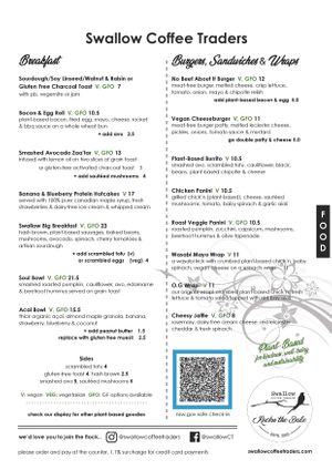 Food Menu at Swallow Coffee Traders in Rockdale