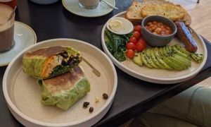 Plant-based breakfast burrito and plant-power big breakfast at Swallow Coffee Traders in Rockdale