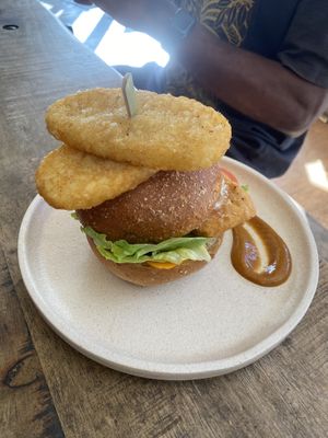 Fish burger with hashbrowns   at Swallow Coffee Traders in Rockdale