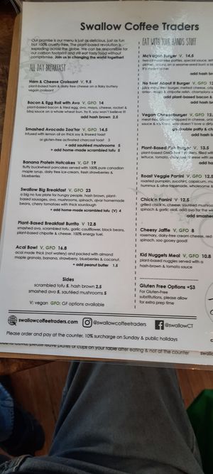 Main menu at Swallow Coffee Traders in Rockdale