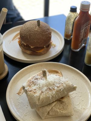 Chick’n burger, brekky burrito and a number of different sauces to try!  at Swallow Coffee Traders in Rockdale