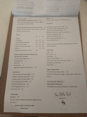 Drinks menu, kinda confusing as most drinks say contains dairy however all can be made with plant milks to be vegan. at The Little Poet in Hobart