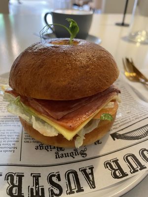 Vegan bacon and cheese bagel at The Little Poet in Hobart