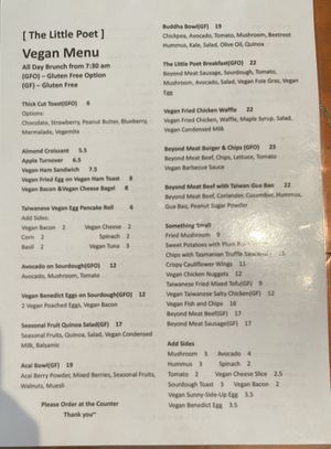 The Little Poet’s dedicated vegan food menu, as of March 2021.  at The Little Poet in Hobart