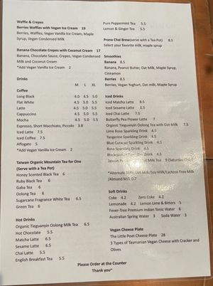 The Little Poet’s dedicated vegan drinks menu, as of March 2021.  at The Little Poet in Hobart