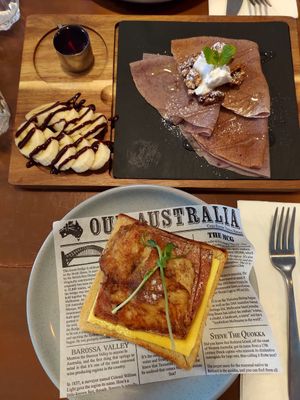 Egg bacon toast with cheese and banana choc crepe at The Little Poet in Hobart