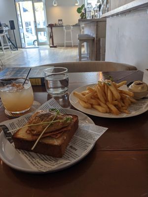 Egg and bacon toast, truffle fries and housemade soda (all vegan) at The Little Poet in Hobart