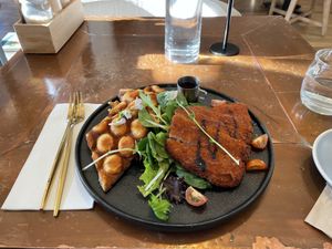 Vegan chicken waffle. Tasty and filling    at The Little Poet in Hobart