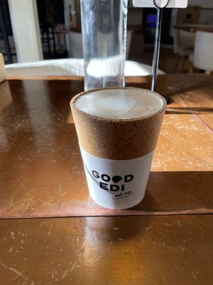 Edible takeaway cup. A bit pricy and tastes like a digestive biscuit, but a fun novelty if you don’t have a keep cup. The sleeve stops the bottom from touching the bench.   at The Little Poet in Hobart