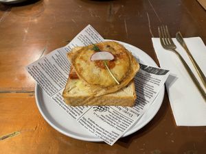 Toast with vegan egg and ham. About what I expected. A bit weird but not bad    at The Little Poet in Hobart