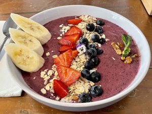 The Little Poet’s açai bowl with walnuts, muesli and seasonal fruits (Feb 2023).   at The Little Poet in Hobart